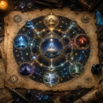 Diagrama cosmológico em pergaminho sobre mesa medieval-fantástica, mostrando planos de existência como círculos interligados por luzes douradas e azuladas, com estrelas, portais, símbolos arcanos, livros antigos, dados de RPG, pena e tinteiro.