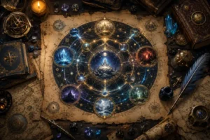 Diagrama cosmológico em pergaminho sobre mesa medieval-fantástica, mostrando planos de existência como círculos interligados por luzes douradas e azuladas, com estrelas, portais, símbolos arcanos, livros antigos, dados de RPG, pena e tinteiro.