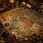 Mapa político antigo de fantasia sobre mesa medieval, dividido em reinos, impérios e repúblicas, com coroa, selos de cera, moedas, pergaminhos, miniaturas de castelos, estandartes, pena, tinteiro e dados de RPG.