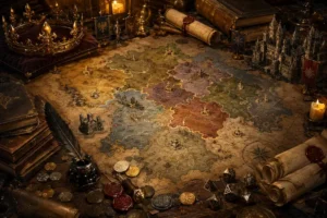 Mapa político antigo de fantasia sobre mesa medieval, dividido em reinos, impérios e repúblicas, com coroa, selos de cera, moedas, pergaminhos, miniaturas de castelos, estandartes, pena, tinteiro e dados de RPG.