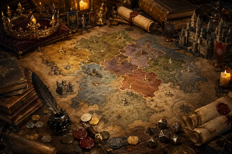 Mapa político antigo de fantasia sobre mesa medieval, dividido em reinos, impérios e repúblicas, com coroa, selos de cera, moedas, pergaminhos, miniaturas de castelos, estandartes, pena, tinteiro e dados de RPG.