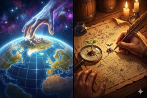Imagem dividida ilustrando métodos de worldbuilding: à esquerda, uma mão cósmica moldando montanhas em um planeta brilhante (Top-Down); à direita, mãos desenhando um mapa rústico em pergaminho com uma pena (Bottom-Up)