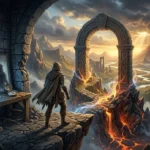 Ilustração épica de fantasia mostrando um aventureiro encapuzado à beira de um precipício. Ele olha através de um antigo arco de pedra em direção a um perigoso vulcão em erupção com rios de lava. À sua esquerda, sobre uma mesa de madeira rústica, estão uma lanterna azul brilhante, uma bússola e um espelho rachado que reflete uma sombra. A composição simboliza a dualidade entre a Jornada do Herói (o mundo perigoso lá fora) e o Arco do Personagem (a reflexão e o conflito interno).