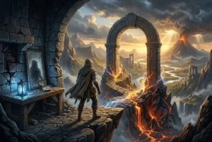 Ilustração épica de fantasia mostrando um aventureiro encapuzado à beira de um precipício. Ele olha através de um antigo arco de pedra em direção a um perigoso vulcão em erupção com rios de lava. À sua esquerda, sobre uma mesa de madeira rústica, estão uma lanterna azul brilhante, uma bússola e um espelho rachado que reflete uma sombra. A composição simboliza a dualidade entre a Jornada do Herói (o mundo perigoso lá fora) e o Arco do Personagem (a reflexão e o conflito interno).