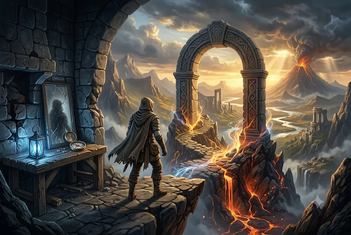 Ilustração épica de fantasia mostrando um aventureiro encapuzado à beira de um precipício. Ele olha através de um antigo arco de pedra em direção a um perigoso vulcão em erupção com rios de lava. À sua esquerda, sobre uma mesa de madeira rústica, estão uma lanterna azul brilhante, uma bússola e um espelho rachado que reflete uma sombra. A composição simboliza a dualidade entre a Jornada do Herói (o mundo perigoso lá fora) e o Arco do Personagem (a reflexão e o conflito interno).