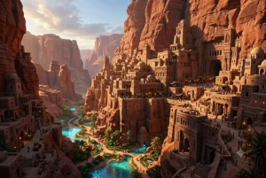 Ilustração realista de arquitetura fantástica mostrando uma cidade monumental antiga esculpida diretamente nas paredes de um desfiladeiro de arenito vermelho, com arcos profundos e pequenos oásis de água azul brilhante no fundo do vale.
