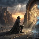 Ilustração épica de fantasia mostrando um guerreiro ajoelhado perante um selo mágico brilhante cravado numa parede de pedra rachada, com uma fortaleza imponente ao fundo sob raios de sol. A cena representa a utilização das regras do sistema de magia para resolver o conflito durante o clímax de um livro de fantasia.