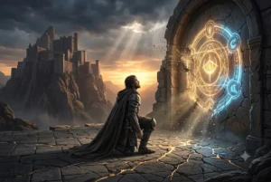 Ilustração épica de fantasia mostrando um guerreiro ajoelhado perante um selo mágico brilhante cravado numa parede de pedra rachada, com uma fortaleza imponente ao fundo sob raios de sol. A cena representa a utilização das regras do sistema de magia para resolver o conflito durante o clímax de um livro de fantasia.