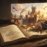 Ilustração de fantasia mostrando um livro antigo com um esboço simples sobre uma mesa de madeira que se transforma magicamente em uma cidade medieval vibrante e cinematográfica, com castelo, mercado, guardas e dragões no céu. A cena ilustra o contraste visual entre apenas descrever e realmente mostrar, representando o conceito de show don't tell em fantasia para worldbuilding e RPG.