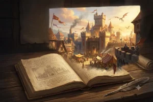 Ilustração de fantasia mostrando um livro antigo com um esboço simples sobre uma mesa de madeira que se transforma magicamente em uma cidade medieval vibrante e cinematográfica, com castelo, mercado, guardas e dragões no céu. A cena ilustra o contraste visual entre apenas descrever e realmente mostrar, representando o conceito de show don't tell em fantasia para worldbuilding e RPG.
