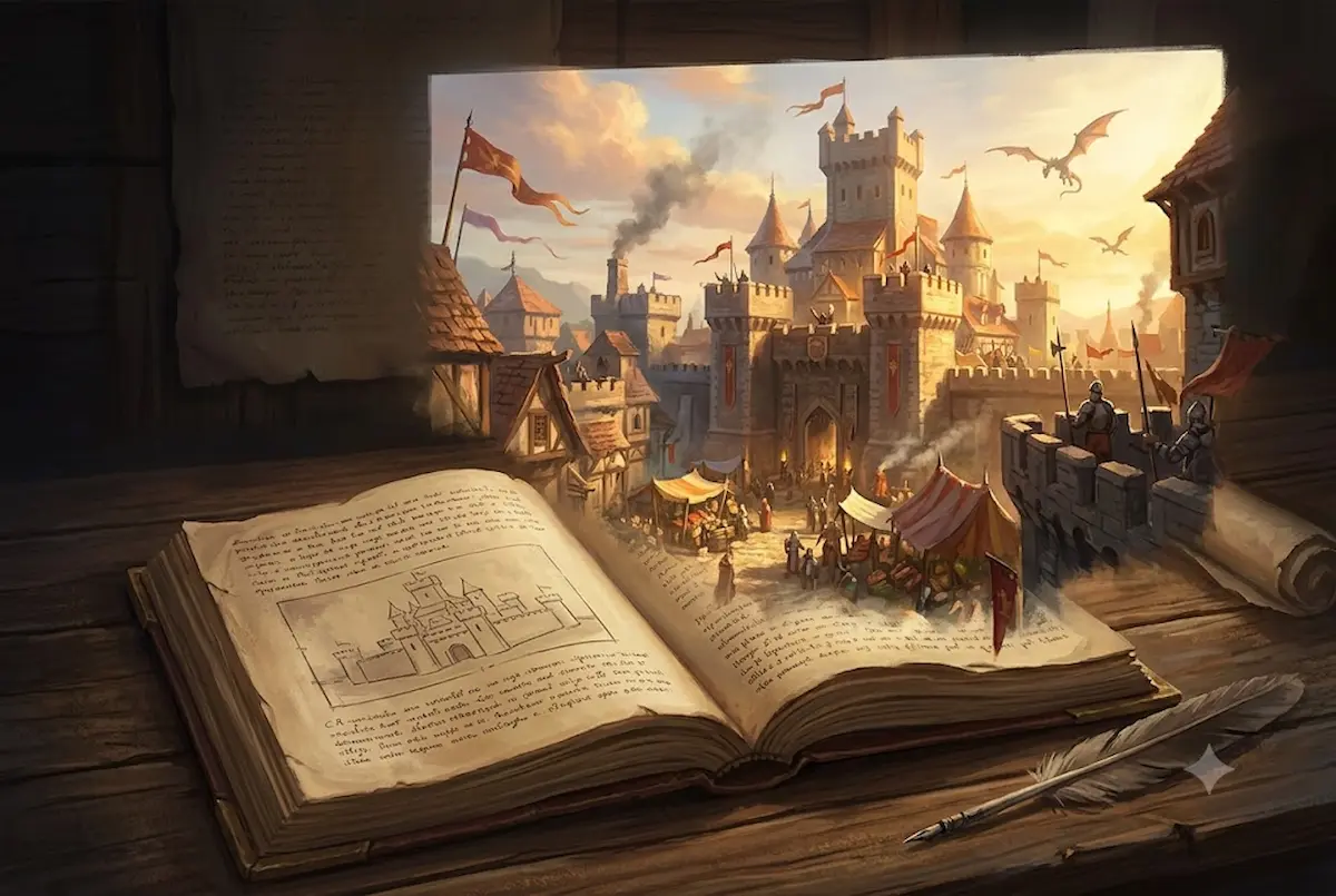 Ilustração de fantasia mostrando um livro antigo com um esboço simples sobre uma mesa de madeira que se transforma magicamente em uma cidade medieval vibrante e cinematográfica, com castelo, mercado, guardas e dragões no céu. A cena ilustra o contraste visual entre apenas descrever e realmente mostrar, representando o conceito de show don't tell em fantasia para worldbuilding e RPG.