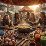 Vista de perto de uma mesa de madeira rústica repleta de caldeirões fumegantes, raízes, vegetais coloridos e carnes assadas. Diferentes raças de fantasia, incluindo elfos, humanos e anões, compartilham a refeição de forma comunitária sob uma tenda de comércio ao ar livre, iluminada pela luz quente do pôr do sol, refletindo a importância do worldbuilding culinário