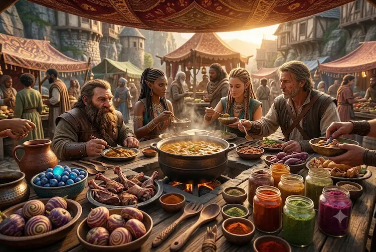 Vista de perto de uma mesa de madeira rústica repleta de caldeirões fumegantes, raízes, vegetais coloridos e carnes assadas. Diferentes raças de fantasia, incluindo elfos, humanos e anões, compartilham a refeição de forma comunitária sob uma tenda de comércio ao ar livre, iluminada pela luz quente do pôr do sol, refletindo a importância do worldbuilding culinário