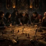 Ilustração de fantasia detalhada de uma reunião secreta numa sala de guerra medieval mal iluminada. Líderes de facções e figuras misteriosas discutem estratégia à volta de uma mesa de madeira coberta de mapas antigos e símbolos de guildas, sob uma luz dramática de velas, representando a geopolítica e as sociedades secretas no worldbuilding.