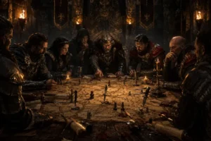Ilustração de fantasia detalhada de uma reunião secreta numa sala de guerra medieval mal iluminada. Líderes de facções e figuras misteriosas discutem estratégia à volta de uma mesa de madeira coberta de mapas antigos e símbolos de guildas, sob uma luz dramática de velas, representando a geopolítica e as sociedades secretas no worldbuilding.