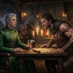 Esta imagem mostra uma cena dramática dentro de uma taverna medieval rústica e movimentada, iluminada por velas e lamparinas. Em uma mesa de madeira no primeiro plano, dois personagens contrastantes estão sentados. À esquerda, um elfo de cabelos prateados e expressão calma e nobre, vestindo um manto de veludo verde profundo bordado com padrões dourados, segura um cálice de vinho. À direita, um humano musculoso, rude e coberto de cicatrizes visíveis nos braços e rosto, está agressivamente debruçado sobre a mesa, gritando com raiva. Entre eles há um castiçal com três velas acesas, um pergaminho e canecas de cerveja. O fundo está repleto de outros frequentadores borrados bebendo e conversando.