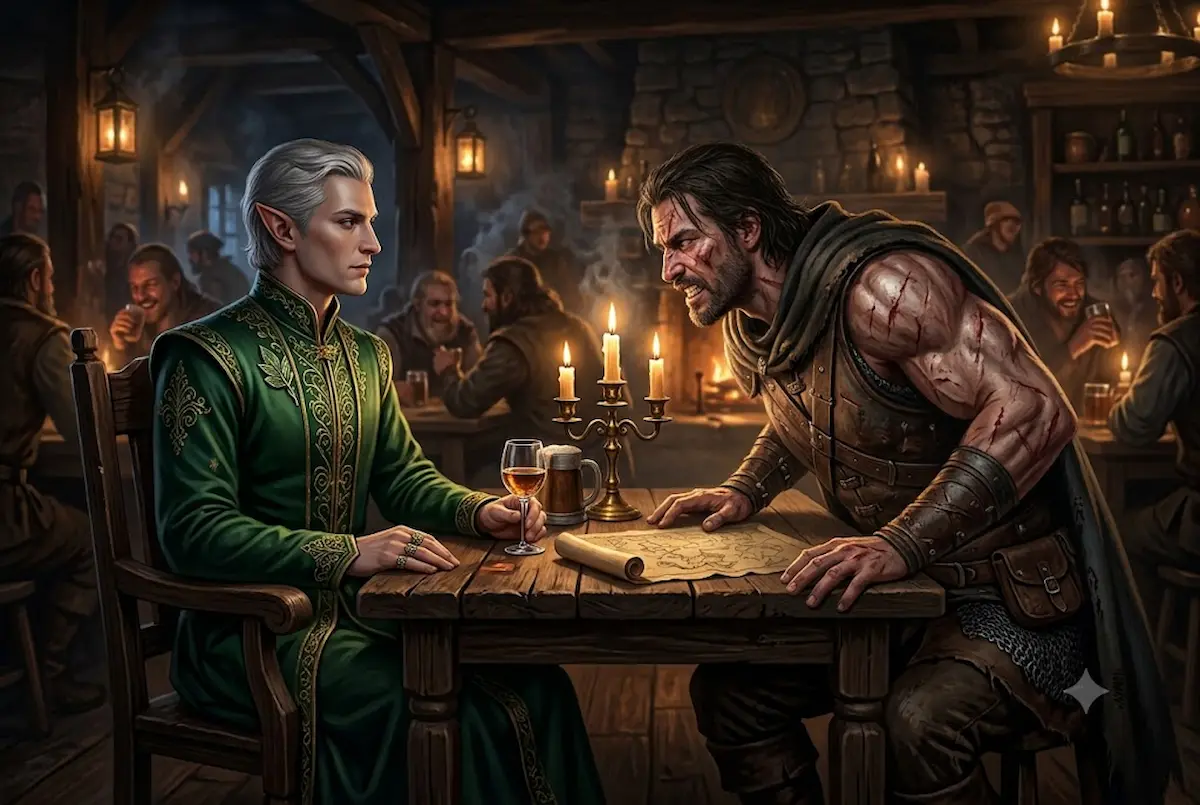 Esta imagem mostra uma cena dramática dentro de uma taverna medieval rústica e movimentada, iluminada por velas e lamparinas. Em uma mesa de madeira no primeiro plano, dois personagens contrastantes estão sentados. À esquerda, um elfo de cabelos prateados e expressão calma e nobre, vestindo um manto de veludo verde profundo bordado com padrões dourados, segura um cálice de vinho. À direita, um humano musculoso, rude e coberto de cicatrizes visíveis nos braços e rosto, está agressivamente debruçado sobre a mesa, gritando com raiva. Entre eles há um castiçal com três velas acesas, um pergaminho e canecas de cerveja. O fundo está repleto de outros frequentadores borrados bebendo e conversando.