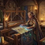 Ilustração de uma tecelã mágica trabalhando em um tear rústico de madeira, criando um tecido escuro com bordados celestiais dourados e brilhantes. O ambiente é uma oficina de fantasia iluminada por lamparinas, repleta de carretéis de linha colorida, rolos de tecido, mapas na parede e roupas prontas, representando o processo de criação de moda e vestimentas no worldbuilding e RPG.