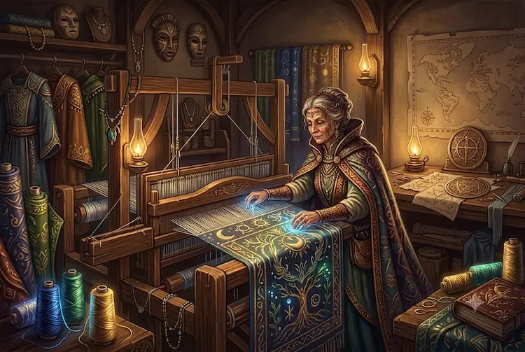 Ilustração de uma tecelã mágica trabalhando em um tear rústico de madeira, criando um tecido escuro com bordados celestiais dourados e brilhantes. O ambiente é uma oficina de fantasia iluminada por lamparinas, repleta de carretéis de linha colorida, rolos de tecido, mapas na parede e roupas prontas, representando o processo de criação de moda e vestimentas no worldbuilding e RPG.