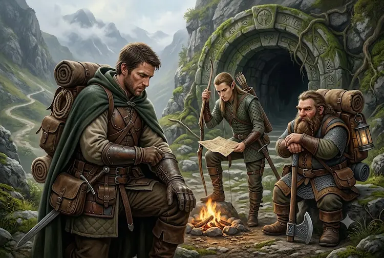 Grupo de aventureiros de RPG com equipamento tático à porta de uma masmorra