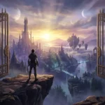 Ilustração épica de fantasia mostrando um aventureiro em pé num penhasco, olhando através de imensos portões de ferro abertos para um vasto reino mágico com castelos e ilhas flutuantes ao pôr do sol. A cena representa o convite à jornada e o maravilhamento essenciais ao estruturar o primeiro capítulo de um livro de fantasia.