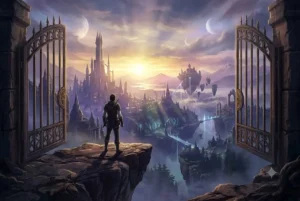 Ilustração épica de fantasia mostrando um aventureiro em pé num penhasco, olhando através de imensos portões de ferro abertos para um vasto reino mágico com castelos e ilhas flutuantes ao pôr do sol. A cena representa o convite à jornada e o maravilhamento essenciais ao estruturar o primeiro capítulo de um livro de fantasia.