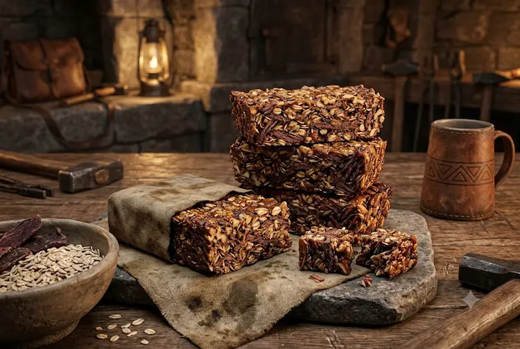 Fotografia rústica e detalhada mostrando uma pilha de Rações de Sobrevivência Anãs, inspirada na culinária fictícia para RPGs e fantasia. Três densas barras retangulares cozidas, com textura fibrosa e escura revelando ingredientes como aveia em flocos grossos, castanhas trituradas e pedaços de charque bound por mel, estão sobre uma laje de pedra desgastada. Uma barra está parcialmente desembrulhada de um pedaço de pano de lona oleada, mostrando sua borda rústica e cozida. Pedaços quebrados menores repousam próximos. Ao lado esquerdo, uma tigela de cerâmica com aveia crua e carne seca desfiada. Ao lado direito, uma caneca de metal e ferramentas de ferreiro anão (martelo, pinças). No fundo desfocado, vê-se um ambiente de forja rústico com arquitetura de pedra, uma bolsa de couro e uma lanterna de óleo piscando, sob luz quente e direcional do pôr do sol, refletindo a importância do worldbuilding culinário