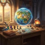 Ilustração épica do escritório de um construtor de mundos fantásticos. No centro de uma mesa rústica de carvalho, um grande planeta mágico e brilhante flutua sobre um mapa cartográfico aberto. A mesa está repleta de grimórios antigos, penas de escrita, tinteiros luminosos, miniaturas e pequenas ferramentas de forja. O ambiente possui arquitetura de pedra e uma janela com vitrais iluminada pela luz do pôr do sol, simbolizando a arte do worldbuilding em campanhas de RPG e literatura.