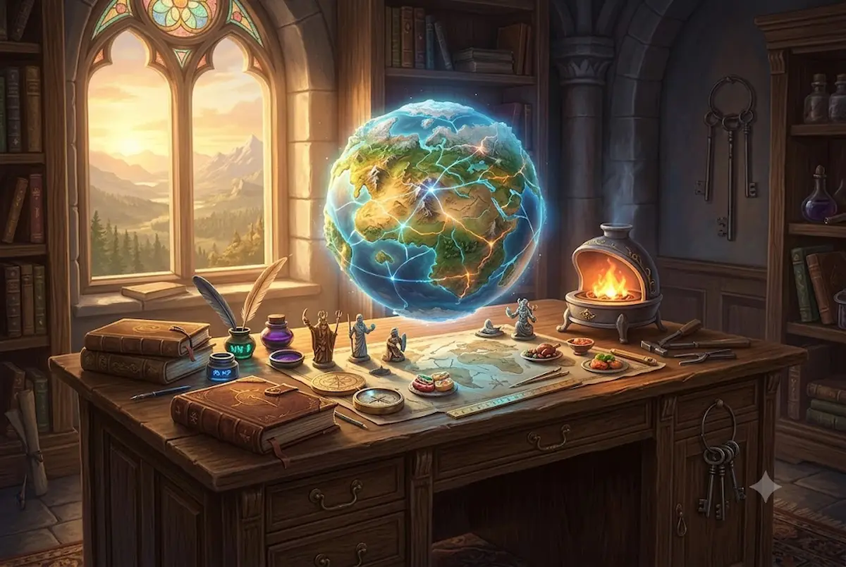 Ilustração épica do escritório de um construtor de mundos fantásticos. No centro de uma mesa rústica de carvalho, um grande planeta mágico e brilhante flutua sobre um mapa cartográfico aberto. A mesa está repleta de grimórios antigos, penas de escrita, tinteiros luminosos, miniaturas e pequenas ferramentas de forja. O ambiente possui arquitetura de pedra e uma janela com vitrais iluminada pela luz do pôr do sol, simbolizando a arte do worldbuilding em campanhas de RPG e literatura.