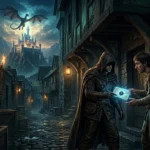 Cenário de fantasia épica mostrando uma troca secreta em um beco escuro no primeiro plano, com um castelo e um dragão ao fundo, ilustrando a conexão entre tramas principais e arcos secundários no worldbuilding.