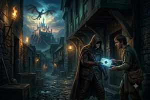 Cenário de fantasia épica mostrando uma troca secreta em um beco escuro no primeiro plano, com um castelo e um dragão ao fundo, ilustrando a conexão entre tramas principais e arcos secundários no worldbuilding.