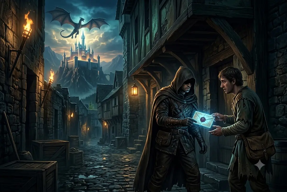 Cenário de fantasia épica mostrando uma troca secreta em um beco escuro no primeiro plano, com um castelo e um dragão ao fundo, ilustrando a conexão entre tramas principais e arcos secundários no worldbuilding.
