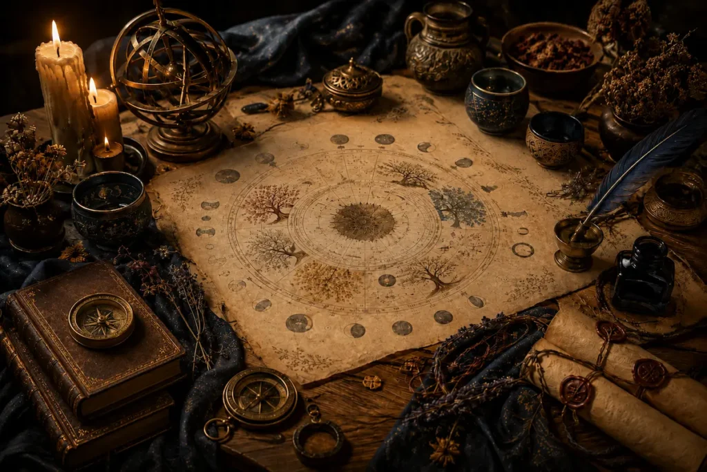 Mesa de worldbuilding iluminada por velas, com calendário circular em pergaminho, astrolábio, livros antigos, bússolas, pena, tinta, ervas e rolos selados.