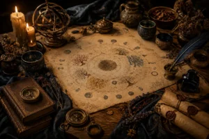 Calendário circular em pergaminho sobre uma mesa de worldbuilding com velas, astrolábio, livros e instrumentos antigos.