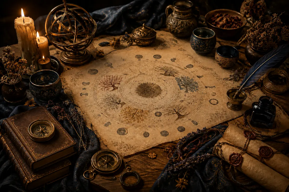 Mesa de worldbuilding iluminada por velas, com calendário circular em pergaminho, astrolábio, livros antigos, bússolas, pena, tinta, ervas e rolos selados.