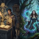 Ilustração de fantasia épica dividida em duas partes contrastando sistemas de magia. À esquerda, um mago manipulando símbolos geométricos e equações brilhantes sobre um livro, representando a lógica da Hard Magic. À direita, uma feiticeira evocando energias místicas fluidas e abstratas numa floresta, representando o mistério da Soft Magic.