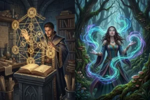 Ilustração de fantasia épica dividida em duas partes contrastando sistemas de magia. À esquerda, um mago manipulando símbolos geométricos e equações brilhantes sobre um livro, representando a lógica da Hard Magic. À direita, uma feiticeira evocando energias místicas fluidas e abstratas numa floresta, representando o mistério da Soft Magic.