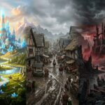 Paisagem épica de fantasia dividida em três cenários que se fundem: um castelo iluminado representando a Alta Fantasia, uma vila medieval realista simbolizando a Baixa Fantasia, e ruínas góticas sob névoa ilustrando a Fantasia Sombria.