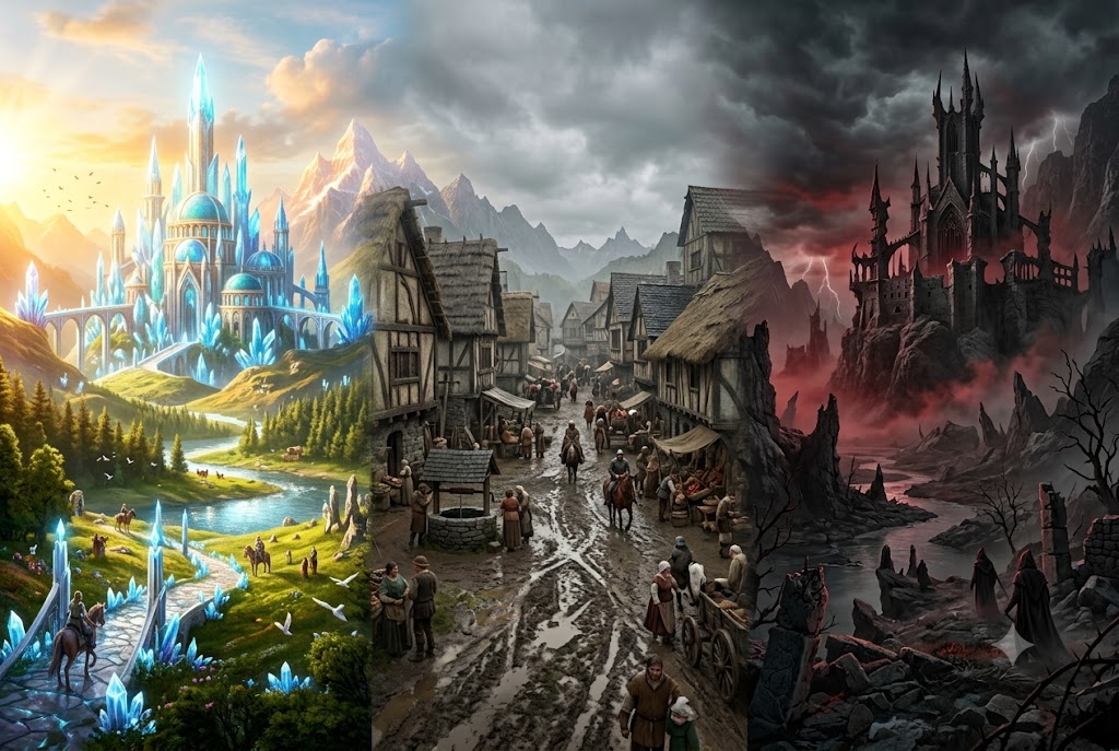 Paisagem épica de fantasia dividida em três cenários que se fundem: um castelo iluminado representando a Alta Fantasia, uma vila medieval realista simbolizando a Baixa Fantasia, e ruínas góticas sob névoa ilustrando a Fantasia Sombria.