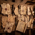 Um quadro de avisos de madeira rústica dentro de uma taverna de fantasia medieval, servindo como mural para ganchos de aventura. Vários pergaminhos antigos e envelhecidos, mapas esfarrapados de ilhas fictícias e dois cartazes de "PROCURADO" (com ilustrações de rostos masculinos) estão presos às tábuas de madeira por punhais e facas enferrujadas. Alguns papéis possuem selos de cera e escrita fictícia. Ao fundo desfocado, à esquerda, há uma lareira acesa com fogo cintilante e, à direita, jarras de cerâmica, barris e clientes da taverna sob uma iluminação quente e atmosférica.