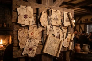 Um quadro de avisos de madeira rústica dentro de uma taverna de fantasia medieval, servindo como mural para ganchos de aventura. Vários pergaminhos antigos e envelhecidos, mapas esfarrapados de ilhas fictícias e dois cartazes de "PROCURADO" (com ilustrações de rostos masculinos) estão presos às tábuas de madeira por punhais e facas enferrujadas. Alguns papéis possuem selos de cera e escrita fictícia. Ao fundo desfocado, à esquerda, há uma lareira acesa com fogo cintilante e, à direita, jarras de cerâmica, barris e clientes da taverna sob uma iluminação quente e atmosférica.