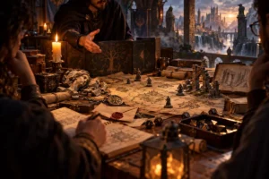 Mestre de RPG revelando o lore do mundo por meio de mapa, pistas, ruínas, pergaminhos e miniaturas em uma mesa de campanha.