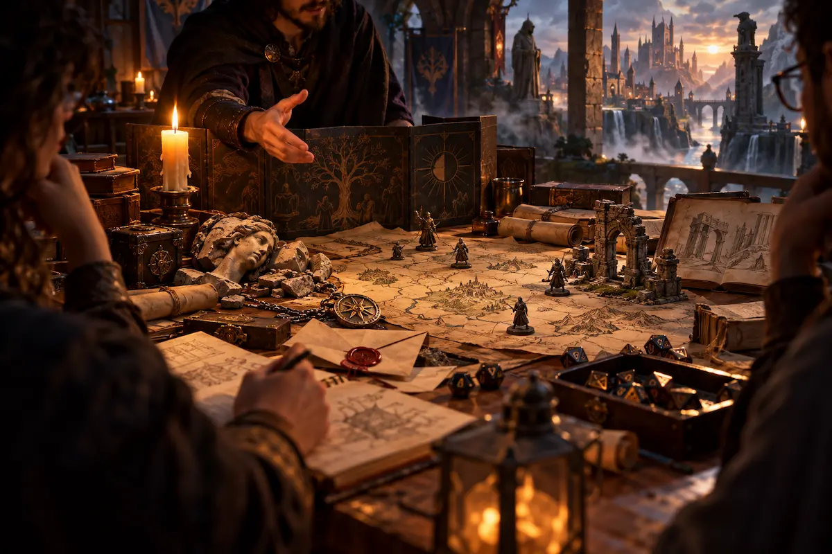 Mestre de RPG revelando o lore do mundo por meio de mapa, pistas, ruínas, pergaminhos e miniaturas em uma mesa de campanha.