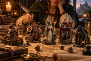 Mestre de RPG criando NPCs memoráveis com miniaturas de personagens de fantasia sobre um mapa de campanha.