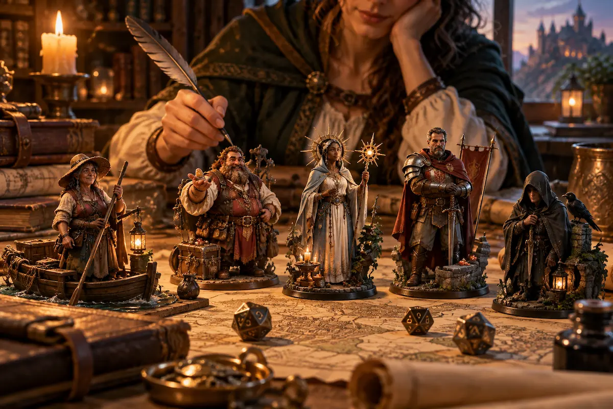 Mestre de RPG criando NPCs memoráveis com miniaturas de personagens de fantasia sobre um mapa de campanha.
