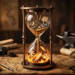 Uma fotografia de estúdio de uma ampulheta ornamentada e decorativa em uma mesa de escrita antiga. O bulbo superior de vidro da ampulheta está preenchido com engrenagens de bronze em miniatura, pequenos mapas enrolados, pedras coloridas e um astrolábio, representando elementos de construção de mundo. Areia dourada cai do bulbo superior para o inferior através do gargalo estreito. No bulbo inferior, a areia transforma-se em fogo, chamas brilhantes e símbolos gráficos luminosos de ação: uma figura masculina correndo, uma espada e uma explosão, representando a narrativa ativa. A ampulheta está apoiada em uma mesa de madeira rústica, cercada por pergaminhos envelhecidos, duas penas de pena, um tinteiro, um mapa de fantasia e uma bússola. No fundo desfocado, há uma vela acesa em um castiçal e uma bigorna, tudo em tons quentes de bronze, ouro, laranja e marrom, com iluminação quente. A imagem não contém texto verbal.