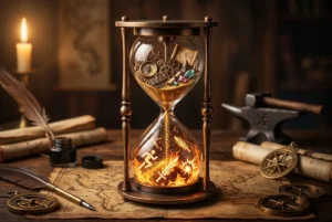 Uma fotografia de estúdio de uma ampulheta ornamentada e decorativa em uma mesa de escrita antiga. O bulbo superior de vidro da ampulheta está preenchido com engrenagens de bronze em miniatura, pequenos mapas enrolados, pedras coloridas e um astrolábio, representando elementos de construção de mundo. Areia dourada cai do bulbo superior para o inferior através do gargalo estreito. No bulbo inferior, a areia transforma-se em fogo, chamas brilhantes e símbolos gráficos luminosos de ação: uma figura masculina correndo, uma espada e uma explosão, representando a narrativa ativa. A ampulheta está apoiada em uma mesa de madeira rústica, cercada por pergaminhos envelhecidos, duas penas de pena, um tinteiro, um mapa de fantasia e uma bússola. No fundo desfocado, há uma vela acesa em um castiçal e uma bigorna, tudo em tons quentes de bronze, ouro, laranja e marrom, com iluminação quente. A imagem não contém texto verbal.