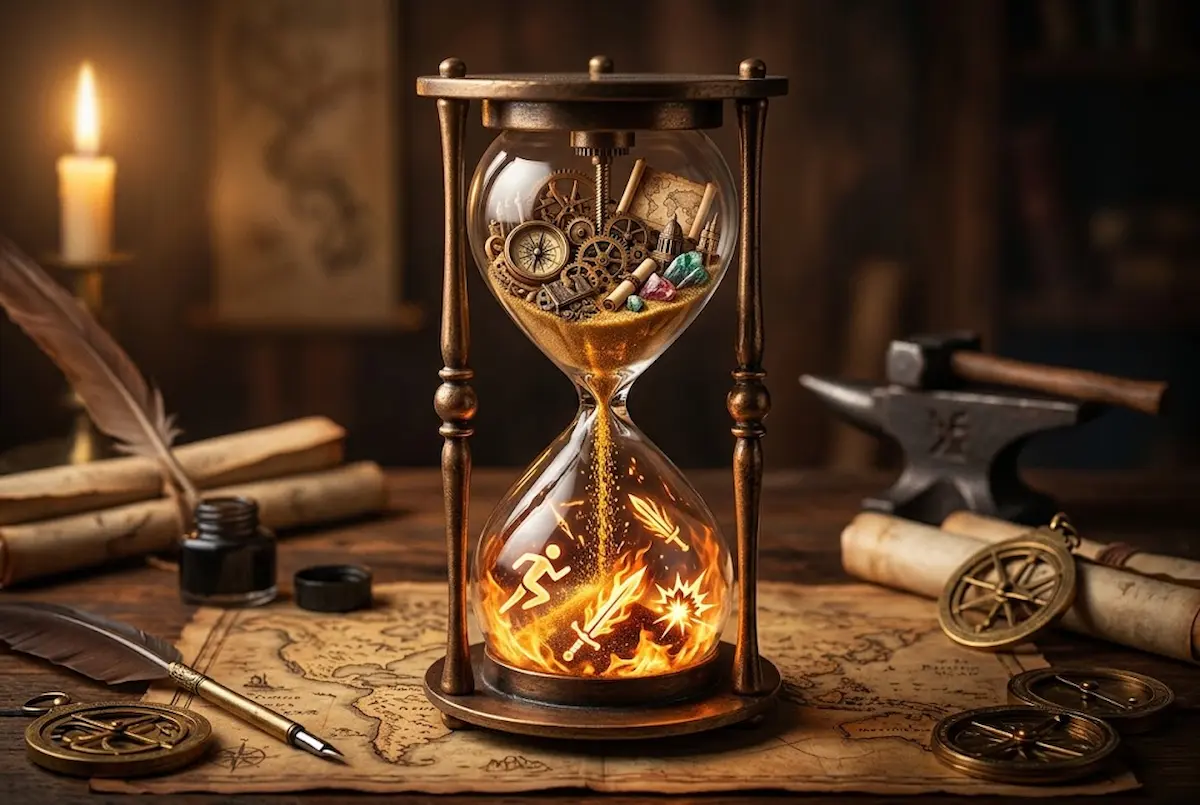 Uma fotografia de estúdio de uma ampulheta ornamentada e decorativa em uma mesa de escrita antiga. O bulbo superior de vidro da ampulheta está preenchido com engrenagens de bronze em miniatura, pequenos mapas enrolados, pedras coloridas e um astrolábio, representando elementos de construção de mundo. Areia dourada cai do bulbo superior para o inferior através do gargalo estreito. No bulbo inferior, a areia transforma-se em fogo, chamas brilhantes e símbolos gráficos luminosos de ação: uma figura masculina correndo, uma espada e uma explosão, representando a narrativa ativa. A ampulheta está apoiada em uma mesa de madeira rústica, cercada por pergaminhos envelhecidos, duas penas de pena, um tinteiro, um mapa de fantasia e uma bússola. No fundo desfocado, há uma vela acesa em um castiçal e uma bigorna, tudo em tons quentes de bronze, ouro, laranja e marrom, com iluminação quente. A imagem não contém texto verbal.