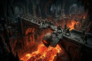 Uma cena de batalha de fantasia épica e dramática em uma vasta caverna. Uma ponte de pedra antiga e desgastada se desintegrou no meio, com um grande barril de madeira inclinado e caindo em direção a um rio de lava incandescente. No lado esquerdo da ponte, um exército de soldados humanos em armadura marcha em formação. No lado direito, guerreiros estão lutando na borda quebrada da ponte. O fundo da caverna está repleto de mais formações militares, incluindo uma grande força de oponentes em uma plataforma distante, tudo sob a luz do fogo da lava e das tochas.