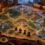 Mapa de fantasia sobre uma mesa de RPG com miniaturas de aventureiros, caminhos, ruínas, florestas e montanhas representando uma campanha sandbox de mundo aberto.